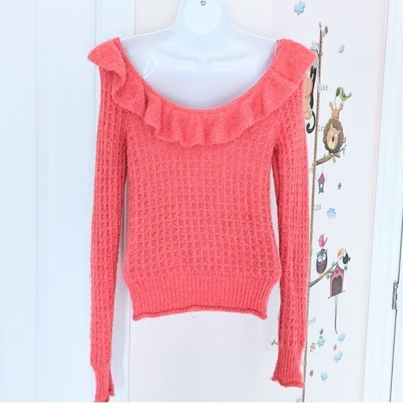 ANTHROPOLOGIE textured ruffle boat neckline off shoulder coral sweater Small - Picture 8 of 11